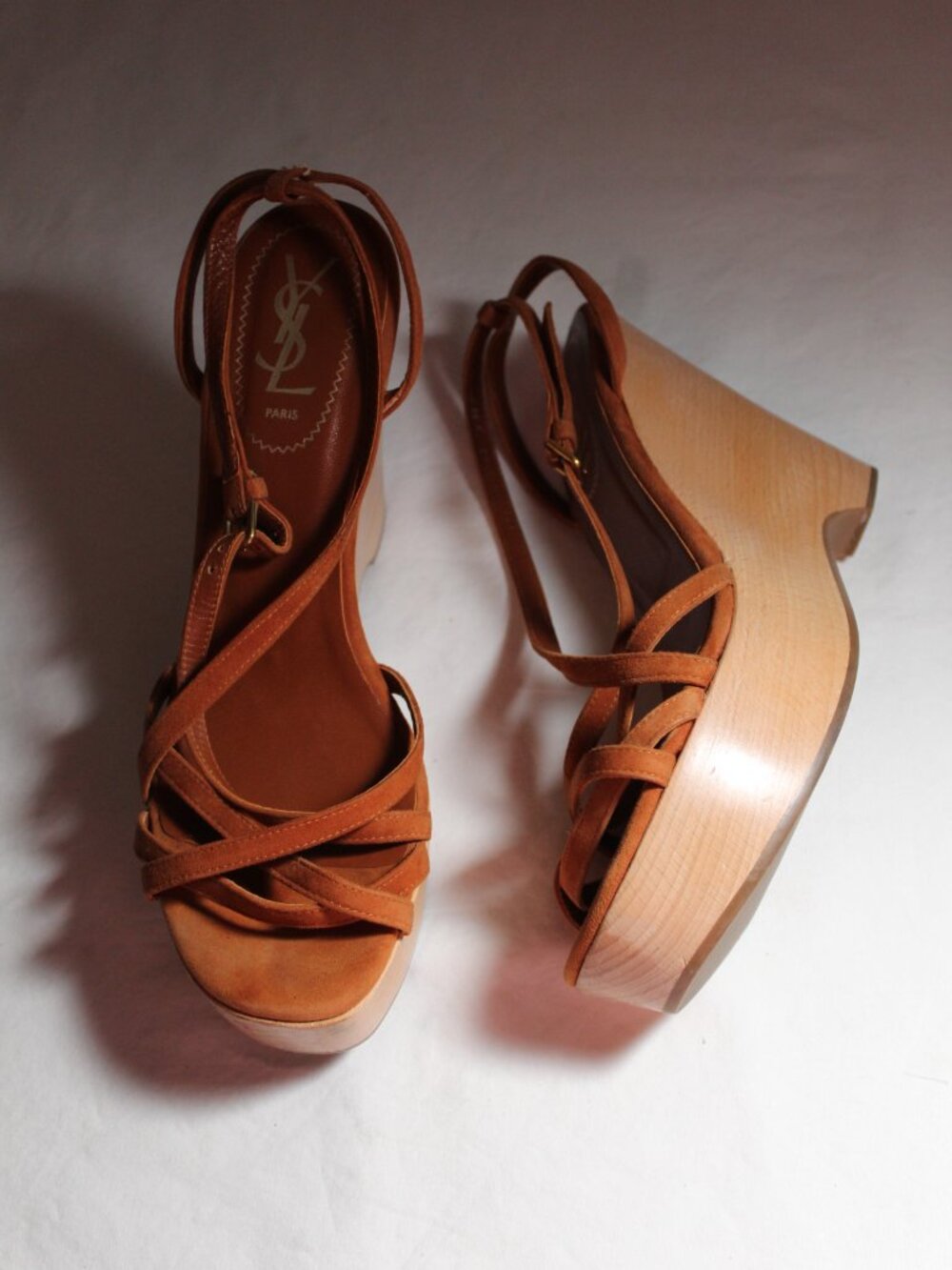 Saint Laurent YSL Brown Suede Leather Strappy Wedge Sandals Wooden Slingback 40